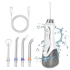 Irrigador Oral Inalámbrico Portátil, Water Flosser, 4 Modos y 5 Puntas de Chorro, IPX7 Impermeable, 300ml Irrigador Bucal, Hilo Dental de Agua Dental para El Hogar, Blanco