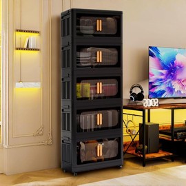 Black,5-Layer Large Foldable Storage Box with Wheels and Lid - Double Opening - Portable, Collapsible, Easy Assemble Organiser, Multicolor, office use - Color: Black + 5Tiers, Size: default