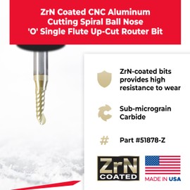 Amana Tool CNC O Flute Ball Nose Up-Cut, Aluminum Cutting End Mill Router Bit, ZrN Coated, 51878-Z, 3/32 R x 3/16 D x 1/2 CH x 1/4 SHK x 2 Inch Long