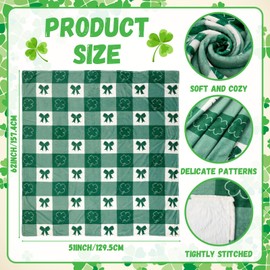 Tingjoo St. Patrick's Day Blanket Clover Bow Fuzzy Blanket Spring Lucky Green Clover Shamrock Irish Flannel Soft Decor Cozy Checkered Blankets for Bed Sofa Couch Chair Home Decoration, 60 x 50 Inch