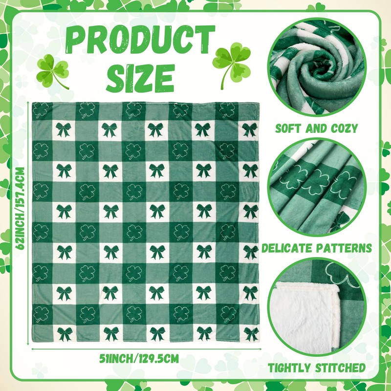Tingjoo St. Patrick's Day Blanket Clover Bow Fuzzy Blanket Spring