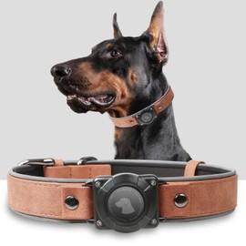 AirTag Dog Collar - Leather Dog Collar with Air Tag Holder | IPX8 Waterproof, Reflective, High - End, Adjustable Soft Padded | Dog GPS Tracker Collars Fit for Medium Large Dogs (Mahogany Brown, M)