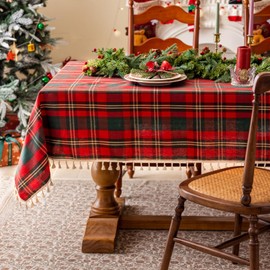 JIALE - Mantel rectangular de cuadros de algodón y lino de Navidad, mantel a cuadros con borla, lavable sin arrugas, funda de mesa a cuadros para decoración de Navidad, comedor, rojo, 55 x 75 pulgadas
