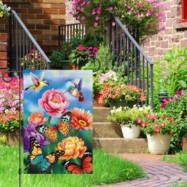 Heyfibro Spring Flower Welcome Garden Flag 12x18 Double Sided Burlap, Hummingbird Butterfly Floral Garden Yard Flags for Spring Summer Rustic Seasonal Outside Outdoor House Decoration (ONLY FLAG)