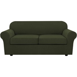 H.VERSAILTEX 3 Piece Stretch Sofa Covers for 2 Cushion Loveseat Couch Covers for Living Room Sofa (Base Cover Plus 2 Seat Cushion Covers) Thicker Jacquard Fabric (Medium Sofa, Olive)