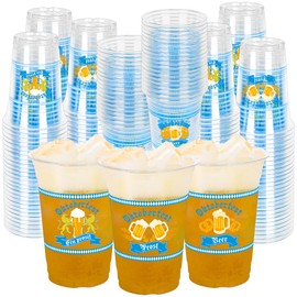 QZYL 100 PCS Oktoberfest Decorations, 14 OZ Blue White Checkered Cup, Disposable Oktoberfest Plastic Cups, 3 Designs Beer Festival Cold Hot Water Drinking Cups for Party Carnival Supplies