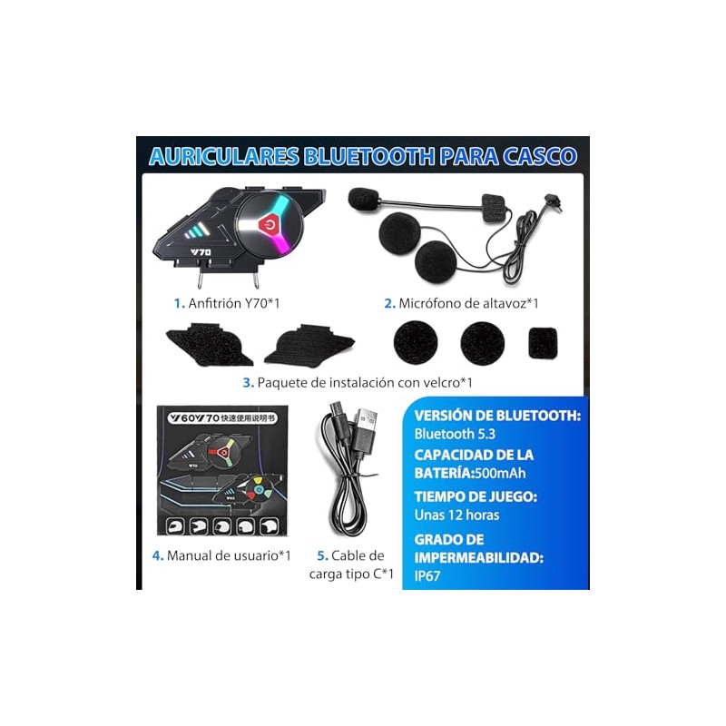 Auricular Bluetooth para motocicleta con micrófono, comunicación intercomunicada vía Bluetooth