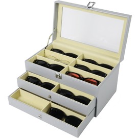 GRTCZYSL Sunglasses Organizer 18 Slots, Multiple Pairs Glasses Storage Case Leather Eyeglasses Display Box for Women Men -Grey