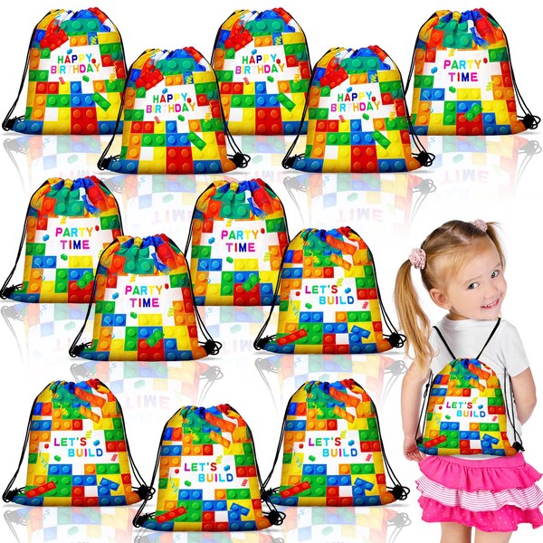 12 Pcs Building Block Party Favor Bag Brick Theme Treat Bags Color Brick Party Favor Bags Birthday Bags for Kids Goodies, Building Blocks Drawstring Gift Bags for Birthday Party Baby Shower Decoration