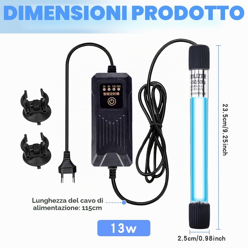 Sterilizzatore UV per acquario, luce con timer 13 W, luce
