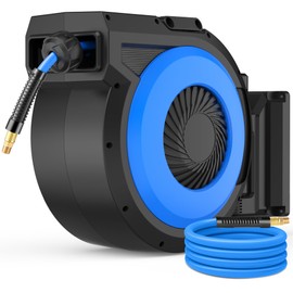 Retractable Air Hose Reel 80FT + 6.5FT, Heavy Duty 3/8" x 80FT Hybrid Air Compressor Hose Reel, Automatic Rewind, 300PSI Wall Mount Hose Reel with Brass Fittings & Bend Restrictors for Garage Workshop