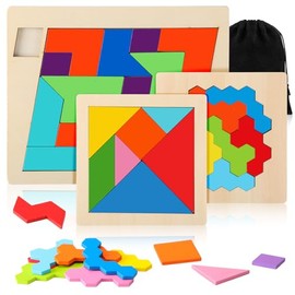 Yunsailing 3 Pack Large Wooden Blocks Puzzles Hexagon Tangram Puzzle Wooden Russian Brain Puzzles for Adult Challenge Teasers Geometric Jigsaw Logic I