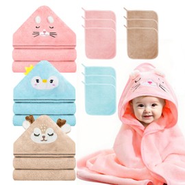 12 PCS Hooded Baby Towel Set, 32x32 Inch Absorbent Baby Bath Towels, 3 PCS Soft Hooded Towels & 9 PCS Washcloths, Ideal for Newborns, Toddlers, and Babies – Baby Bath Essentials (Pink + Brown + Blue)