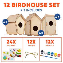 12 DIY Bird House Kits For Children to Build - Wood Birdhouse Kits for Kids to Paint - Unfinished Wood Bird Houses to Paint for Kids - Wood Craft Project Kits - Wooden Arts & Craft for Girls & Boys