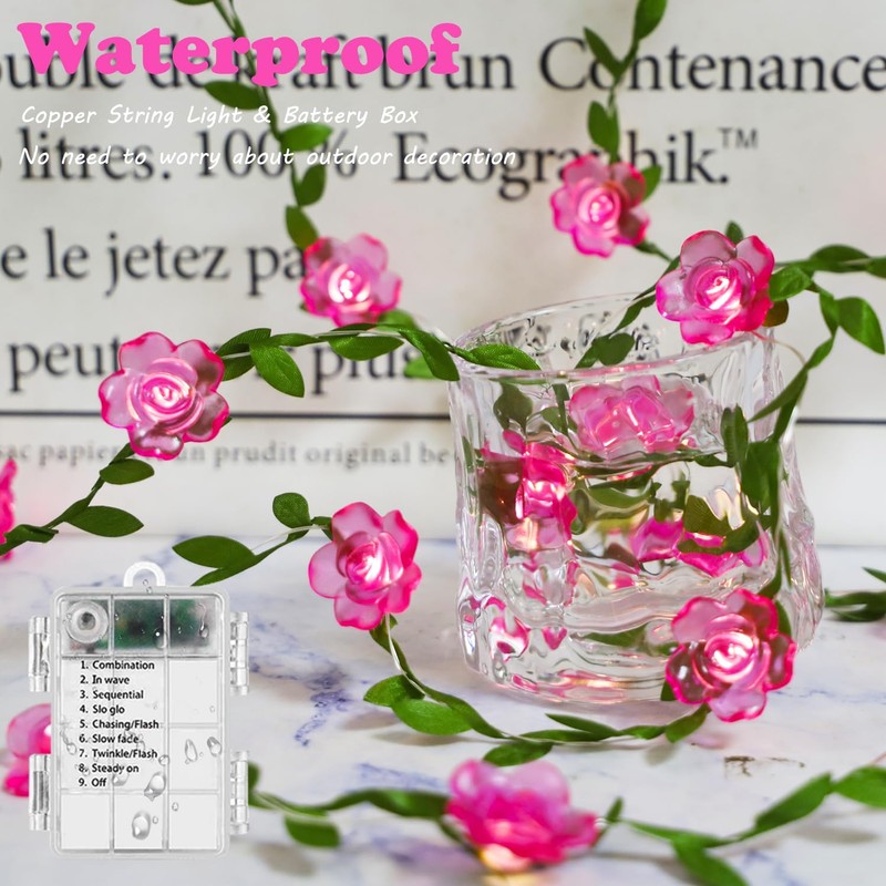 Curyidy Rose Flower String Lights Pink Floral Garland with Fairy