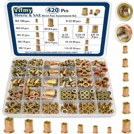 Vifmy Metric & SAE Rivet Nut Assortment Kit(420 Pcs),m3 m4 m5 m6 m8 m10 m12#6-32#8-32#10-24 1/4"-20 5/16"-18 3/8"-16 UNC Flat Head Rivnut Set,Zinc Plated Finish Carbon Steel Nutsert