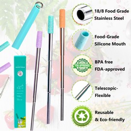 Metal Reusable Straws, 3 Pack Collapsible Straw Travel Straw Reusable with Case, Silicone Tips, Cleaning Brushes, Keychain, Retractable Portable Pocket Drinking Straws, Stainless Steel Straws