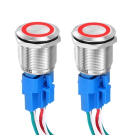 DMiotech 16mm / 5/8" Stainless Steel Momentary Push Button Switch Flat Head 5A 12-24V Silver Shell 5 Pin with Cable Socket Red Ring LED 1NO1NC for Car Boat Systems Custom Setups