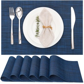 Myir JUN Placemats Set of 6, Vinyl Woven Placemats Place Mats Indoor Washable Table Mats Non-Slip Place mats for Dining Table (Dark Blue, Set of 6)
