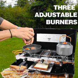 CampingFlame 3-Burner Propane Camping Stove - Portable Stove with Adjustable Burners, Wind Guards, Toast Tray, 20,400 BTUs for Camping, Tailgating, BBQ, Picnics
