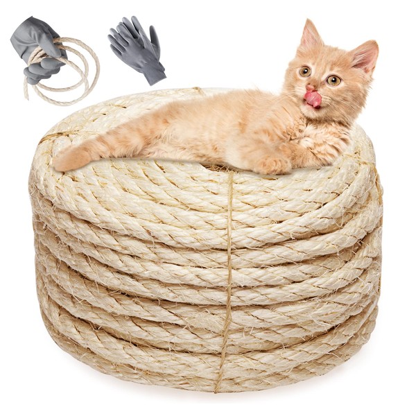 Homewit Jute Rope Hemp Rope, 8mm x 25M Natural Sisal Rope and Thick Jute Twine with a Pair of Gloves for Cat Scratching Posts, Gardening Bundling, Crafts, Home Decors