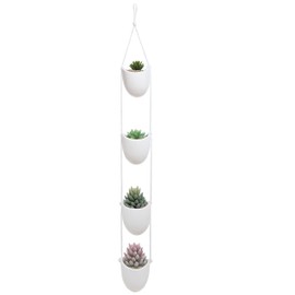 MyGift 4-Tier White Ceramic Hanging Wall Planter with Rope - Decorative Succulent Herb Flower Pot Containers