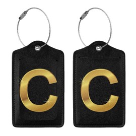 2 Pack Gold Print "C" Lettering Luggage Tag for Suitcase, Steel Loop with Privacy Cover ID Label, Travel Birthday Gift for Men Women