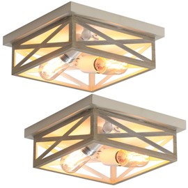 DIKAIDA 2 Pack White Flush Mount Ceiling Light, Farmhouse Ceiling Light Fixtures, 2-Light Rustic Metal Finish Industrial Kitchen Light Fixture for Bedroom, Hallway Light