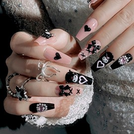 ブラック ネイルチップ 24枚セット ロングデザイン 繰り返し使えるリムーバブル式 自爪保護 清楚系大人かわいい オフィス/パーティー/日常用