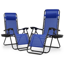 Athena Collection Zero Gravity Chair, Outdoor Lounge Chair with Adjustable Pillow and Cup Holder, Reclining Camping Chair for Outside Beach Lawn Garden Patio Poolside Set of 2 - Blue