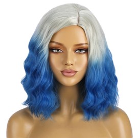 BERON Women Platinum Ombre Blue Wigs Short Curly Wave Wigs Side Part Shoulder Length Wavy Heat Resistant Synthetic Wig Cosplay Costume Party and Daily