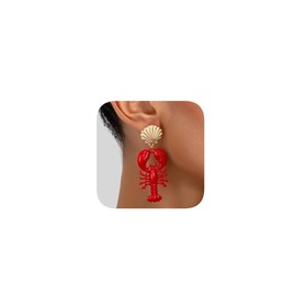 Nautical Seashell and Red Lobster Dangle Earrings, Gold-Tone Statement Jewelry, Beach Theme Fashion Accessories