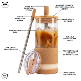 Pandaloo® Glass Cups With Lids and Straws -20 Fl Oz- Perfect Size Iced Coffee Cup - Smoothie Cup With Bamboo Lid and On the go Lid - Glass Tumbler With Straw (2 Count (Pack of 1), Amber Sand)