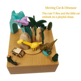 Wooden Jurassic Dinosaurs Music Box - Moving Car & Dinosaur, Mechanical Musical Box, Gift for Dinosaur Lovers and Music Box Enthusiasts, Unique Desk Decoration (Jurassic)
