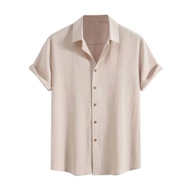 Men's Wrinkle Textured Button Down Shirts Short Sleeves Casual Summer Beach Shirt Hawaiian ShirtsColor: Khaki, Size: S