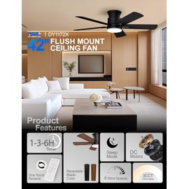 Allsmartlife Flush Mount Ceiling Fans with Lights 42 Inch, Remote Control, 3CCT Dimmable, 6 Speeds, Noiseless Reversible DC Motor, Low Profile Ceiling Fan for Living Room, Patio ETL