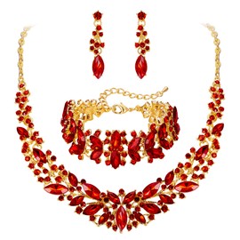 BriLove Wedding Bridal Necklace Earrings Bracelet Jewelry for Women Austrian Crystal Marquise Cluster Collar Dangle Link Set Ruby Color Gold-toned