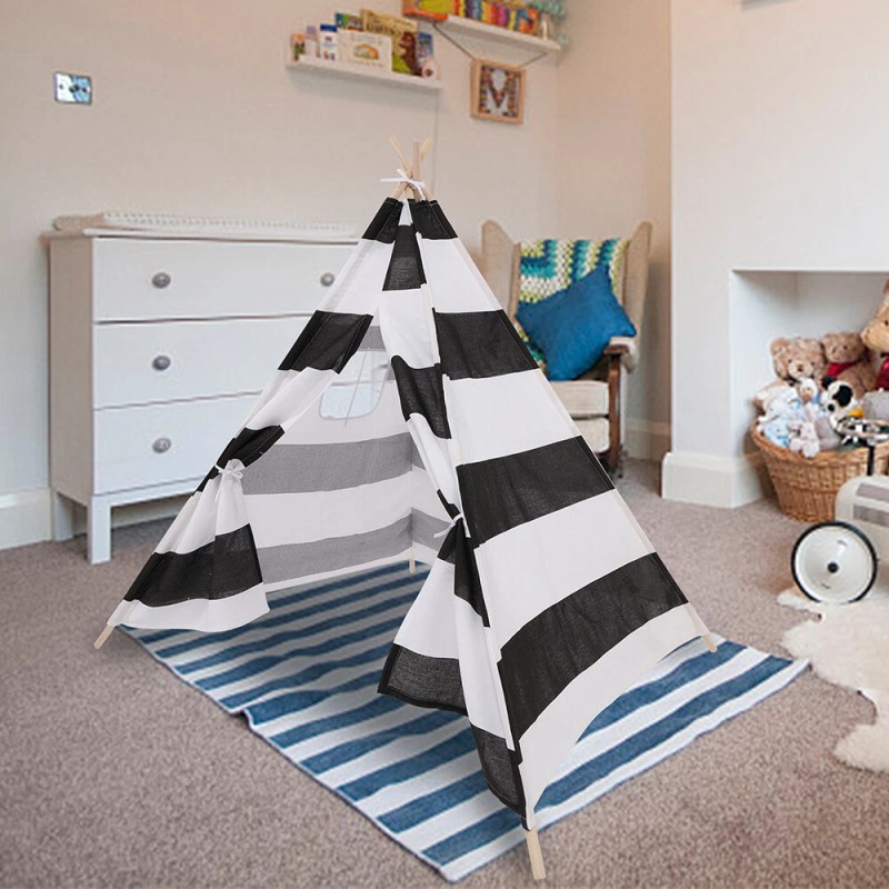 nic-473109 White Black Striped Kid Teepee Portable Canvas Tent Foldable