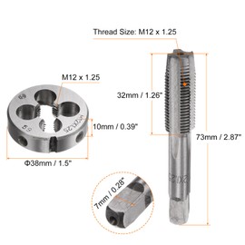 sourcing map 3pcs Metric Hand Tap & Die Set, M12 x 1.25 Taper/Bottom Thread Taps + Round Die, Tap and Die Kit Hand Threading Tapping Tools for Repair
