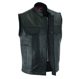 Daniel Smart Biker vest for Men Premium Cowhide Black Leather Motorcycle Vest Unique with Scoop Collar Design & Inside Pockets