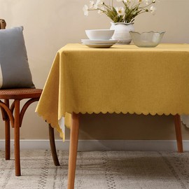 Fennco Styles Woven Solid Color Scalloped Tablecloth 56" W x 56" L - Mustard Yellow Wrinkle-Free, Heat-Resistant Washable Table Cover for Everyday Use, Holidays, and Indoor Outdoor Events