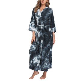 Women's Soft Robes Lightweight Kimono Loungewear Long Nightgown Knit Bathrobe Casual Sleepwear Pajamas with Pockets, Tie-Dyed Black and White Large