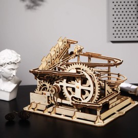 ROKR Hand Cranked Marble Run Wooden Model Kits Assembly 3D Wooden Puzzle Mechanical Model Kits With Balls for Teens and Adults(Waterwheel coaster)