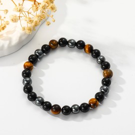 Gnamy Triple Protection Bracelet Gifts for Women, Healing Crystal Beaded Bracelets Hematite Black Tourmaline Tigers Eye Natural Worry Stones Anxiety Birthday Mothers Day Jewelry Presents for Mom Mother Her Adults Grandma