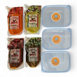 Bundle Salsa El Gallo Variety 11.7 fl oz - Restaurant Habanero (1 pc), Restaurant Jalapeno (1 pc), Homestyle Red Jalapeno (1 pc), Homestyle Green Jalapeno (1 pc) with Cloudylicious Reusable Plastic Container 30 fl oz (3 pcs, color may vary)