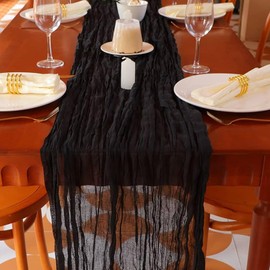 SWAWIS Pack of 2 Black Table Runners 90 x 300 cm Cheesecloth Table Runner Black Fabric Cheesecloth Table Runner Birthday Tablecloth for Table Decoration Wedding Birthday Christening Decoration