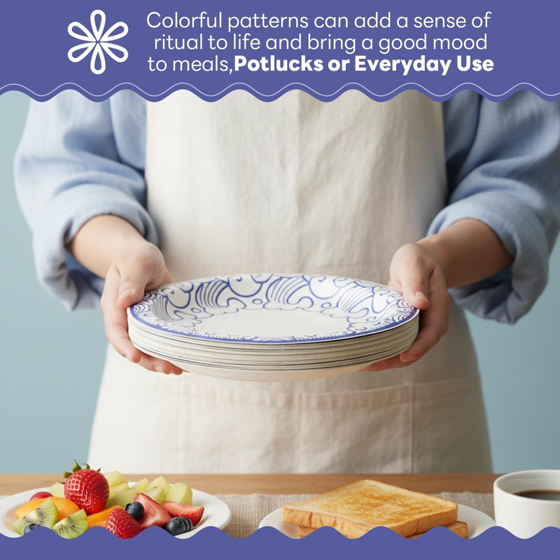 30 Count Large Paper Plates 10 Inch, Blue Floral Disposable