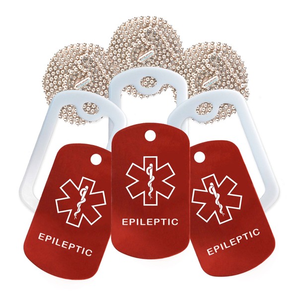 Epileptic Medical Alert ID Necklace - 3 Pack - Red Tag, White Silencer, and 30'' USA Chain - 154 Colors Choices