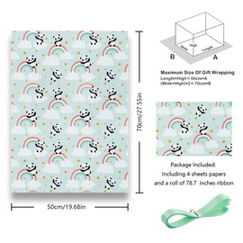 Panda Gift Wrapping Paper for Girls Boys Kid, Panda Rainbow Raining Star Printed Cute Baby Animal Wrapping Paper for Birthday Baby Shower Kindergarten Xmas Gift Wrap - 4 Sheets Folded Flat+ Ribbon Set