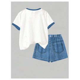 RoseSeek Girl's 2 Piece Summer Clothes Sets Bowknot Graphic Tees and Mini Shorts Set Cute Outfits Blue 10Y